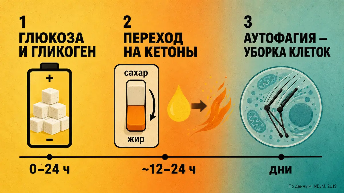 схема что происходит с телом при лечебном голодании по дням: глюкоза, кетоз, аутофагия
