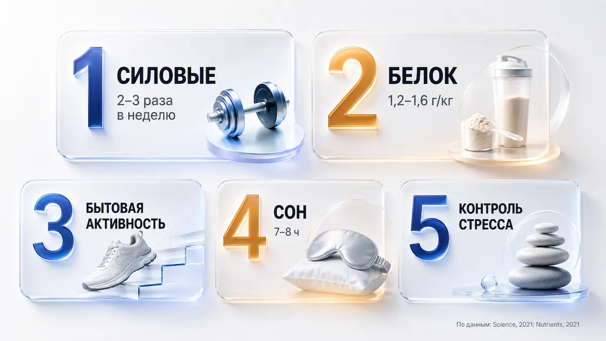 похудение после 40: силовые, белок, активность, сон, стресс
