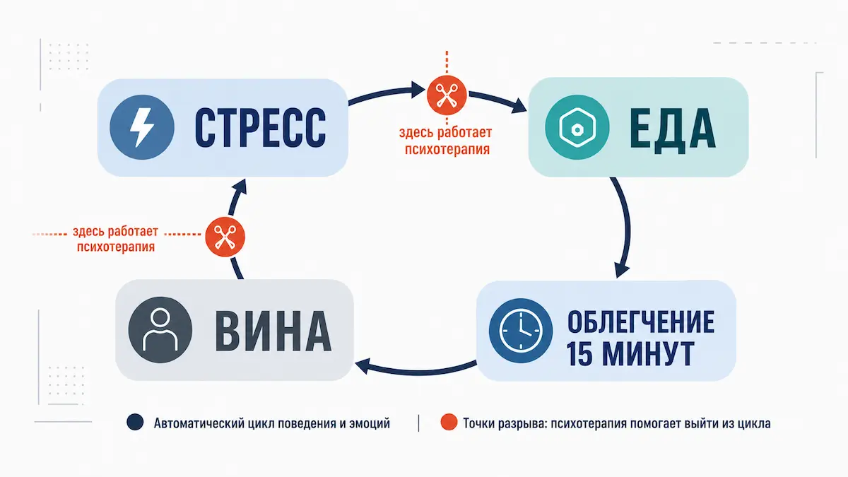 Цикл эмоционального переедания замкнутый круг эмоционального переедания: стресс, еда, облегчение, вина