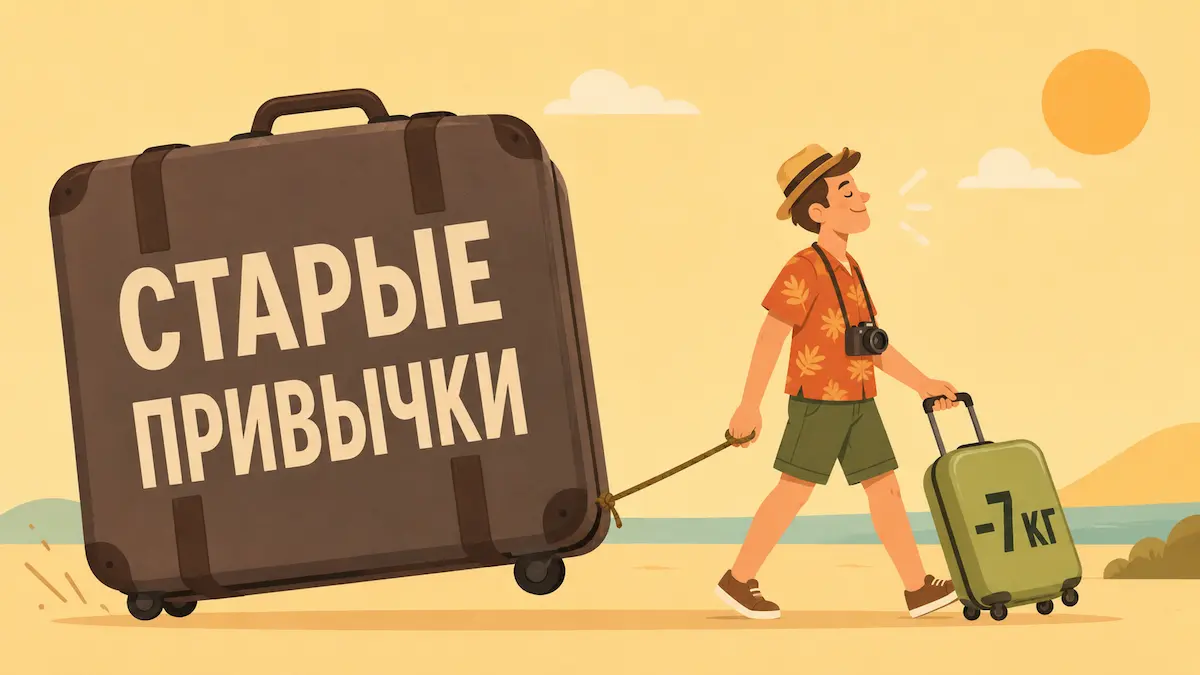 Чемодан с сертификатами против чемодана с пирожками Юмористическая иллюстрация про разницу между фитнес-туром и врачом при похудении