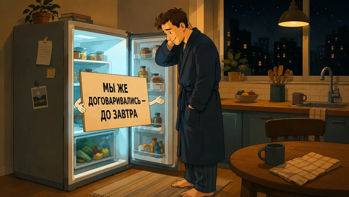 смешная иллюстрация: холодильник и пациент на лечебном голодании