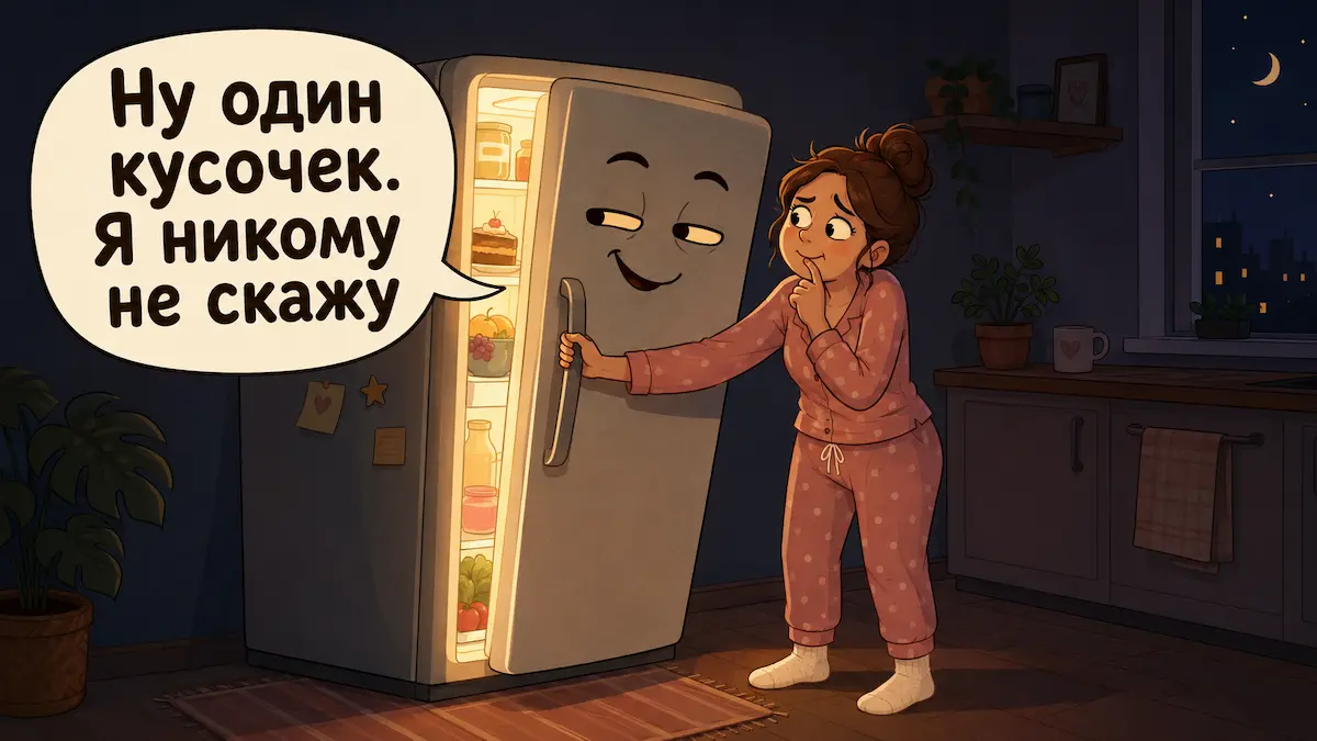 Главный переговорщик в доме добрый юмор о ночном переедании: холодильник уговаривает женщину съесть кусочек