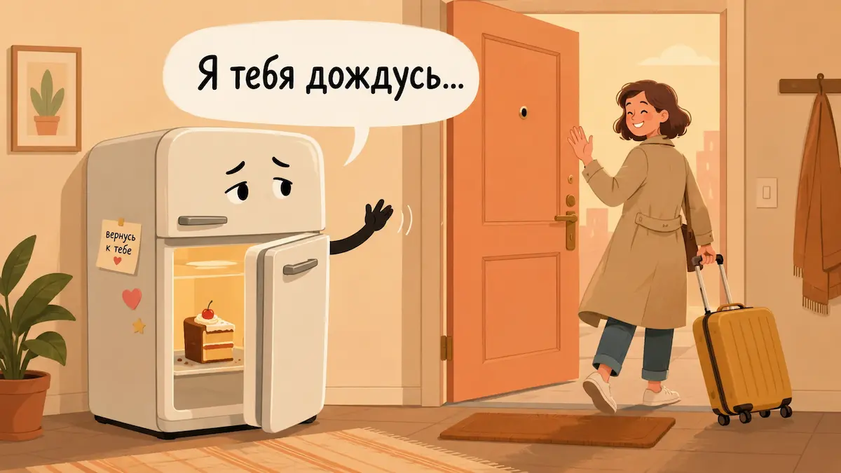 смешная иллюстрация: домашний холодильник машет дверцей вслед уезжающей в санаторий женщине