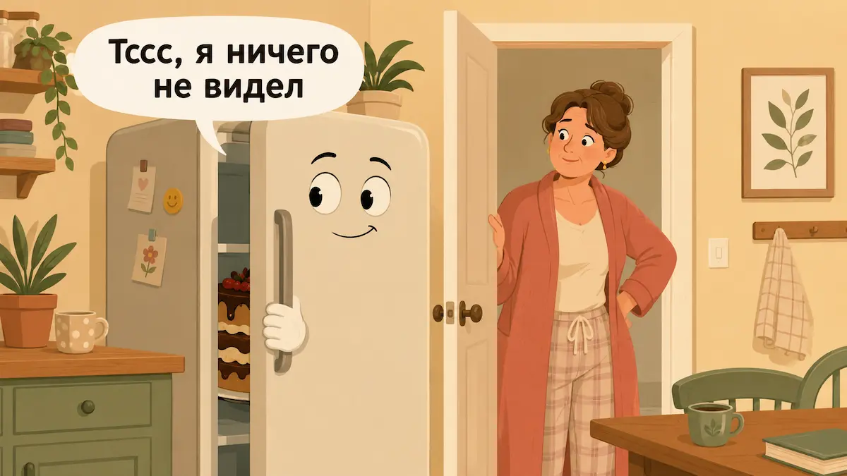 Как поддержать близкого в похудении: холодильник-сообщник прячет торт, юмористическая иллюстрация