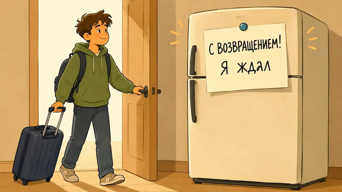 Дома всё осталось как было Юмористическая иллюстрация: холодильник встречает подростка с чемоданом дома