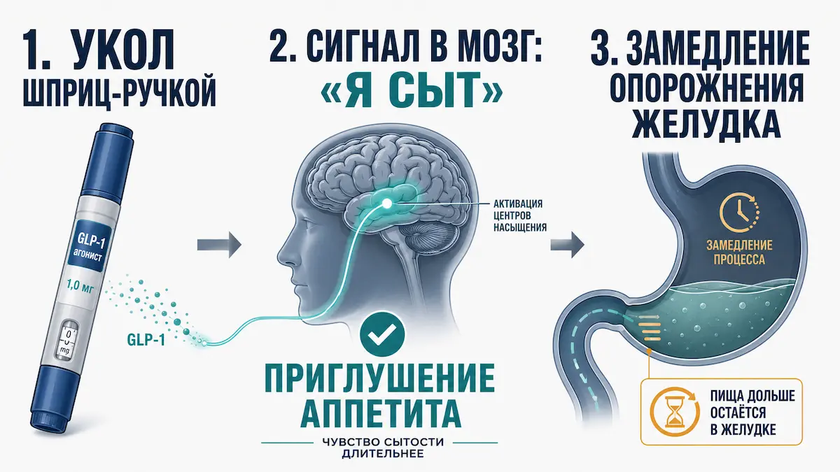 Как действует семаглутид: механизм работы препаратов ГПП-1, схема