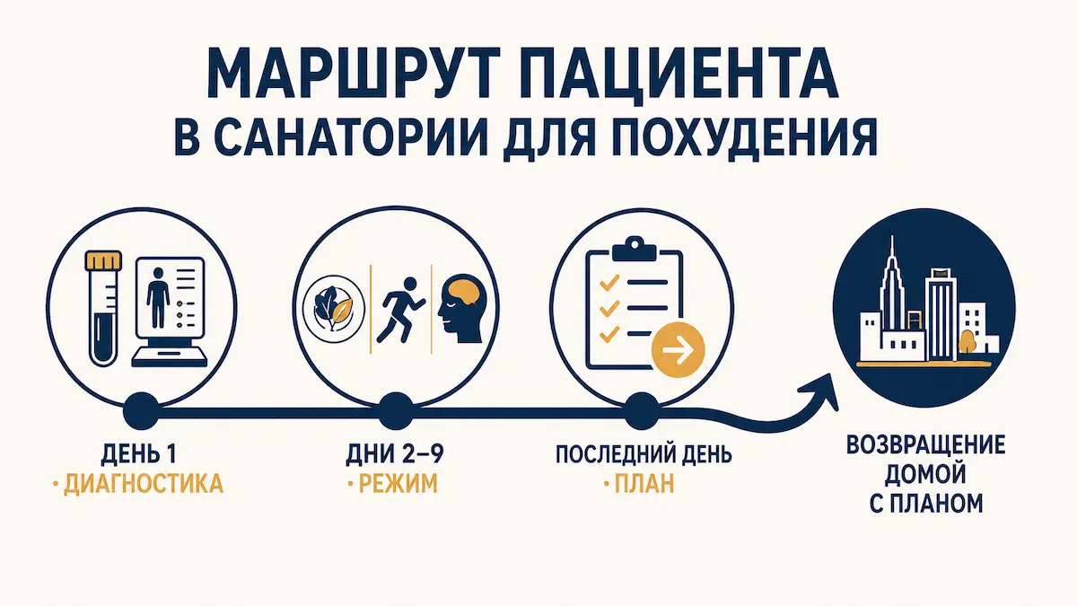 Как проходит лечебный выезд по дням Маршрут пациента в санатории для похудения: диагностика, план, режим, выписка