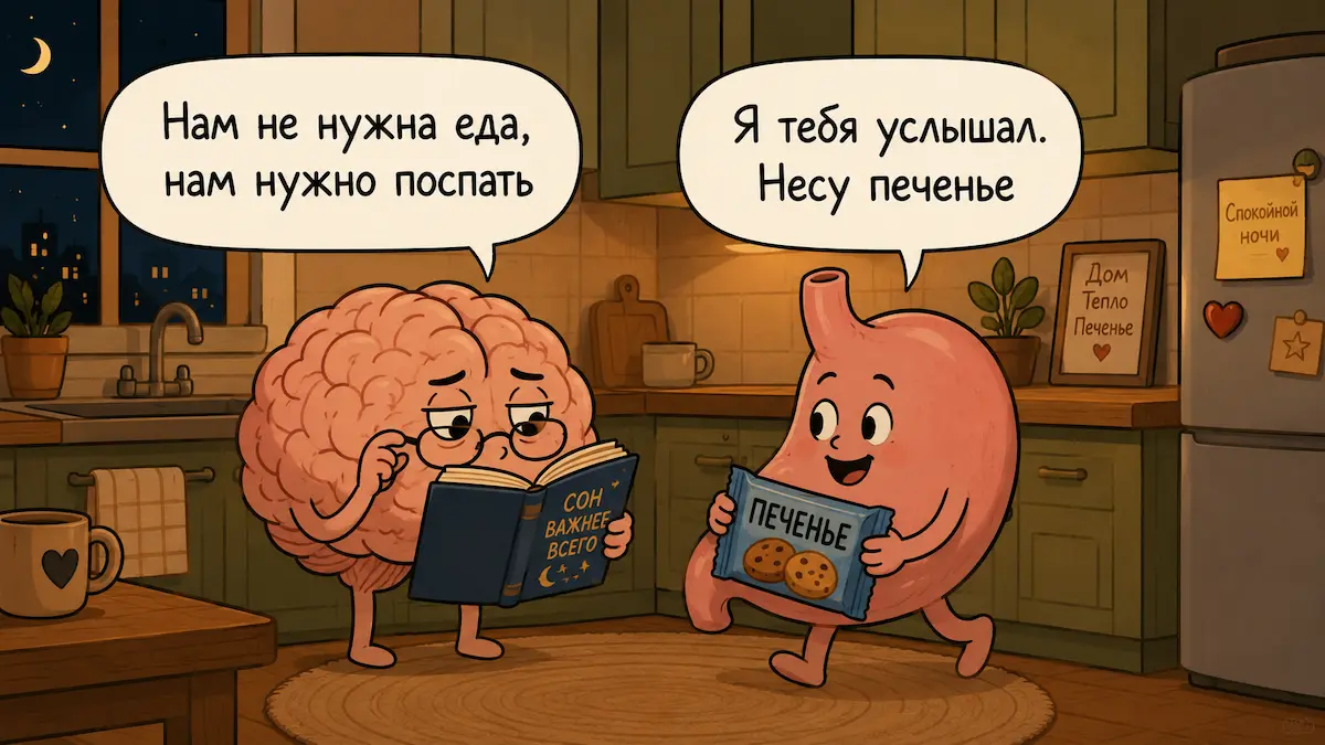 Юмористическая иллюстрация: мозг и желудок спорят ночью на кухне о перекусе
