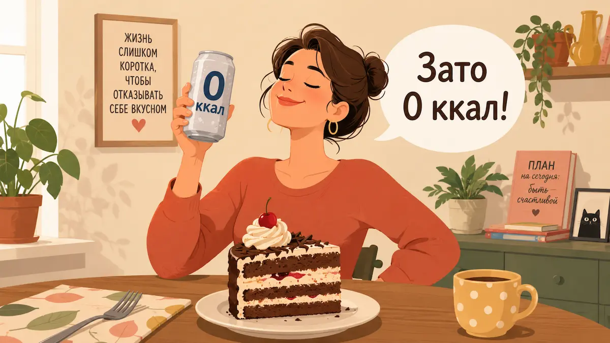 нулевая газировка и кусок торта, юмор про сахарозаменители и похудение