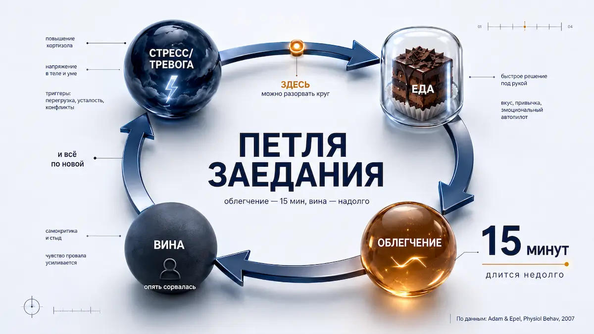 Замкнутый круг эмоционального переедания: стресс, еда, облегчение, вина