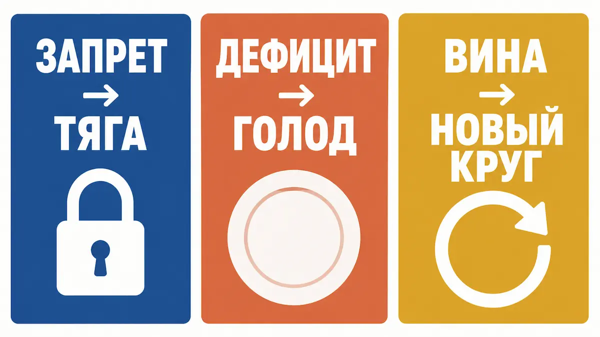 Три механизма срыва Срыв после диеты: запрет рождает тягу, дефицит — голод, вина — новый круг