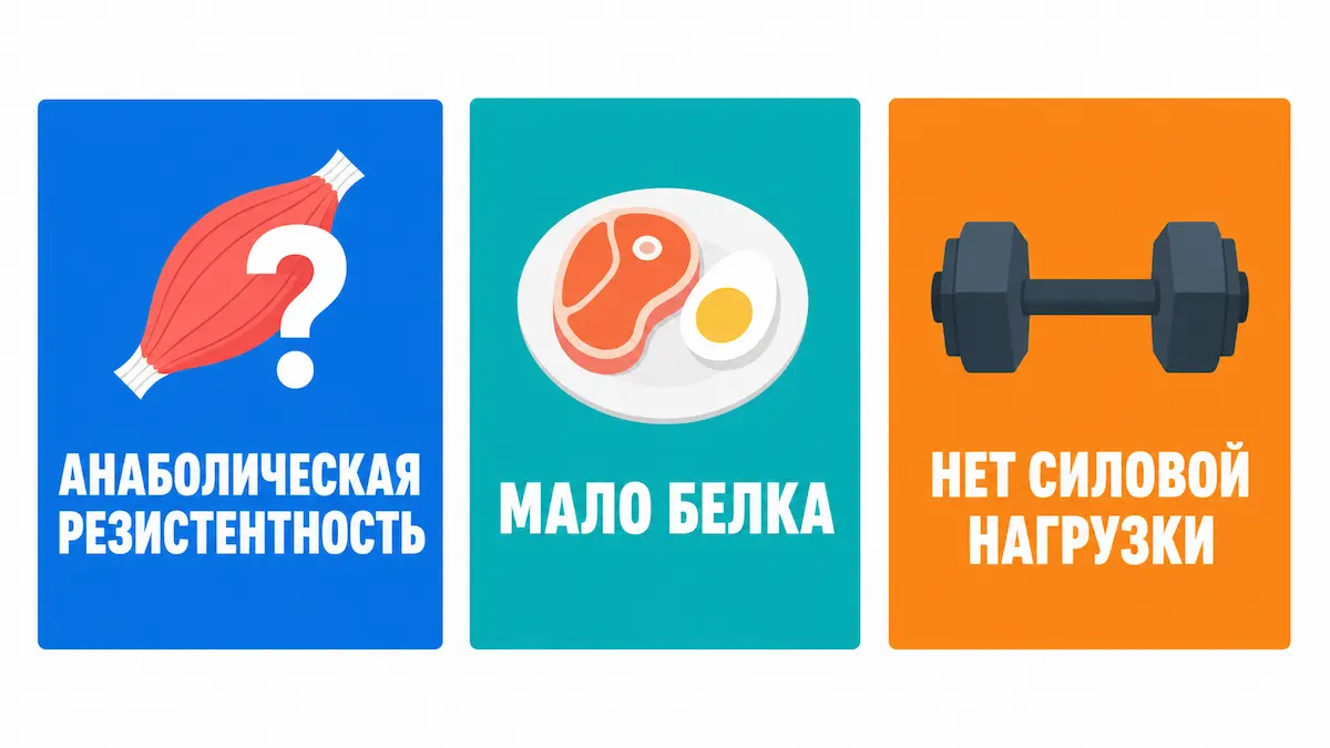 Три причины потери мышц при похудении после 45: анаболическая резистентность, дефицит белка, отсутствие силовой нагрузки