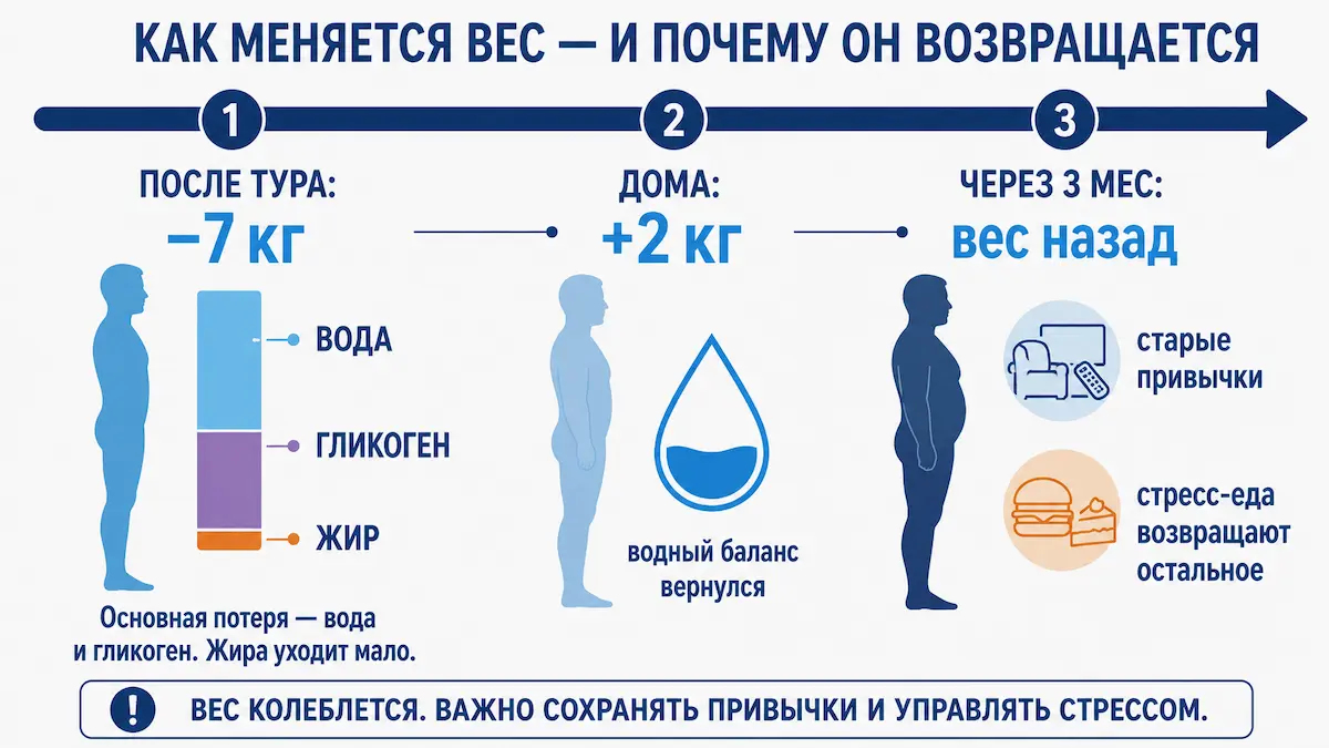 Как вес возвращается после быстрого похудения Схема: почему вес возвращается после фитнес-тура — вода, гликоген, старые привычки