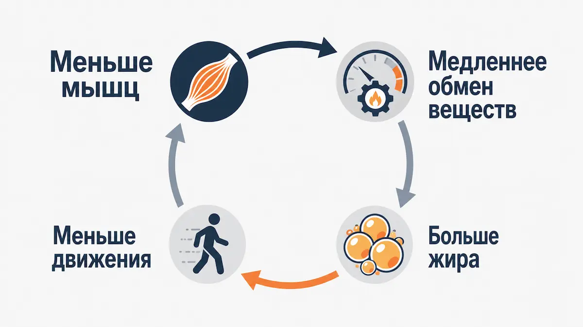 Порочный круг саркопенического ожирения: меньше мышц, медленнее обмен, больше жира, меньше движения