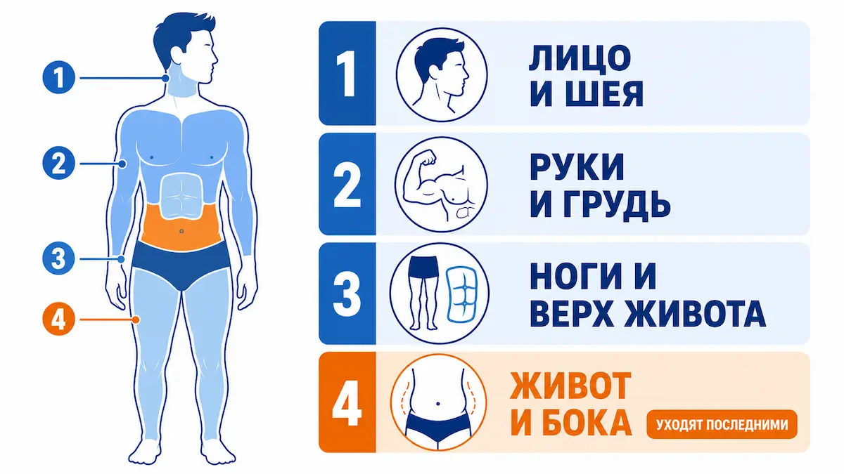 порядок похудения у мужчин, что уходит первым, санаторий Тюрьма для жира