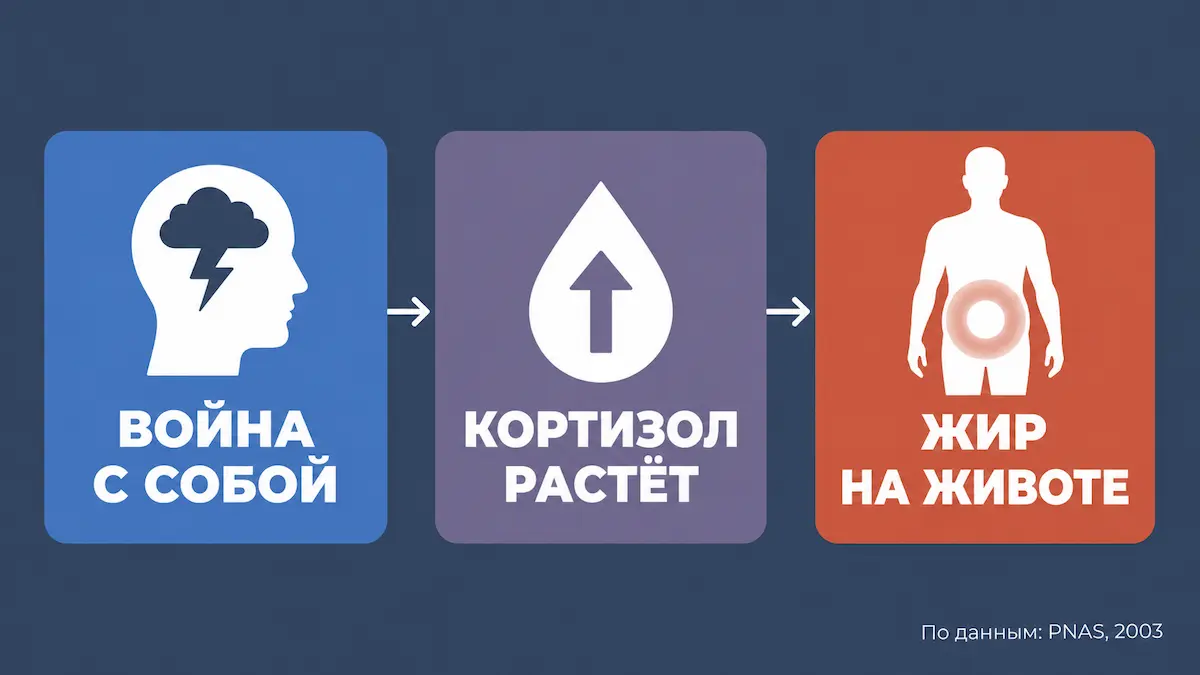 Цепочка: стресс → кортизол → жир на животе как самокритика и стресс через кортизол приводят к жиру на животе