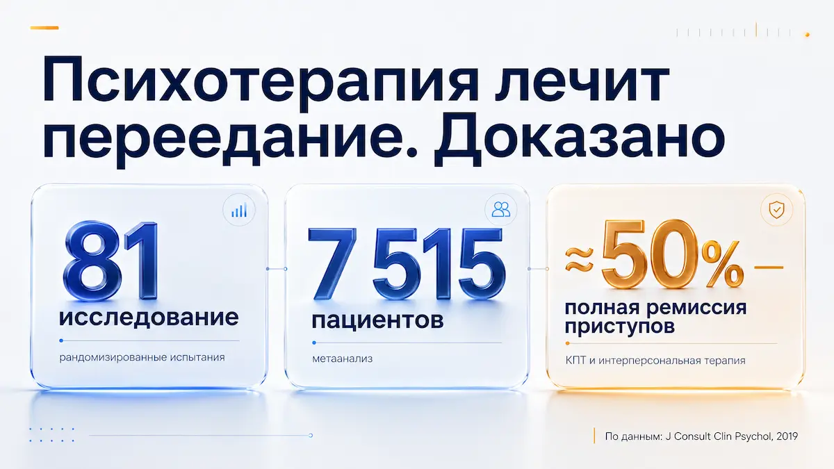 Эффективность психотерапии при переедании психотерапия ожирения в цифрах: 81 исследование, 7515 пациентов, ремиссия переедания у половины