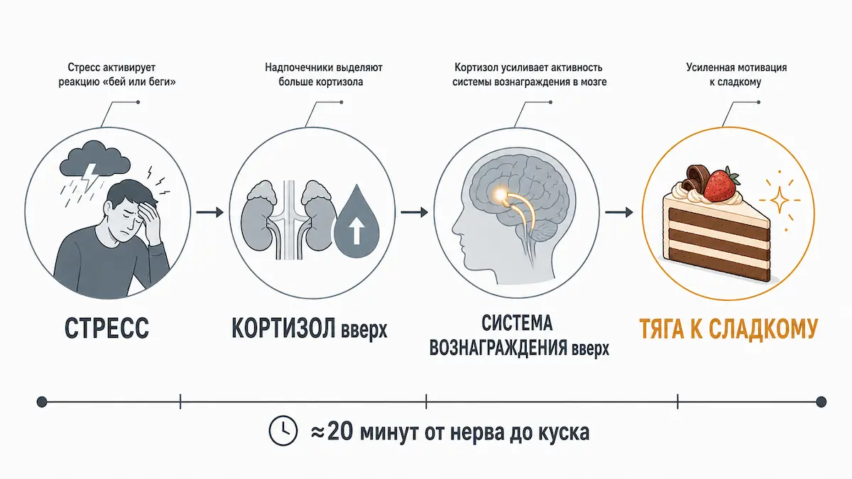 Схема: как стресс через кортизол и дофамин превращается в тягу к сладкому