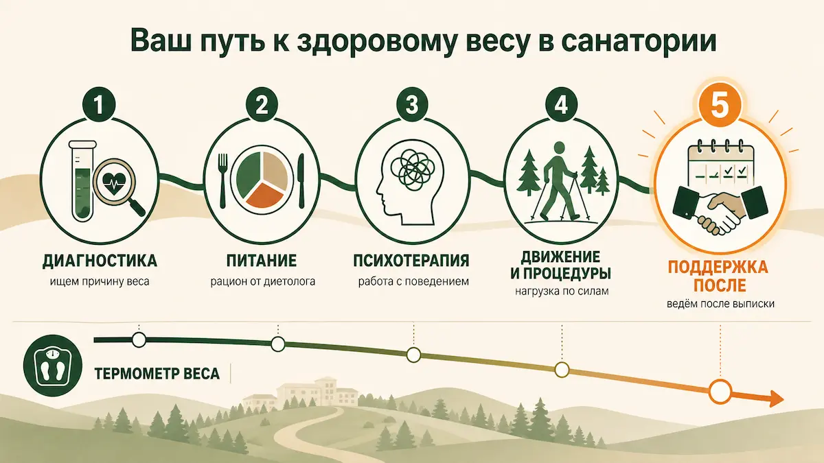 схема: пять шагов лечения веса в санатории — диагностика, питание, психотерапия, процедуры, поддержка