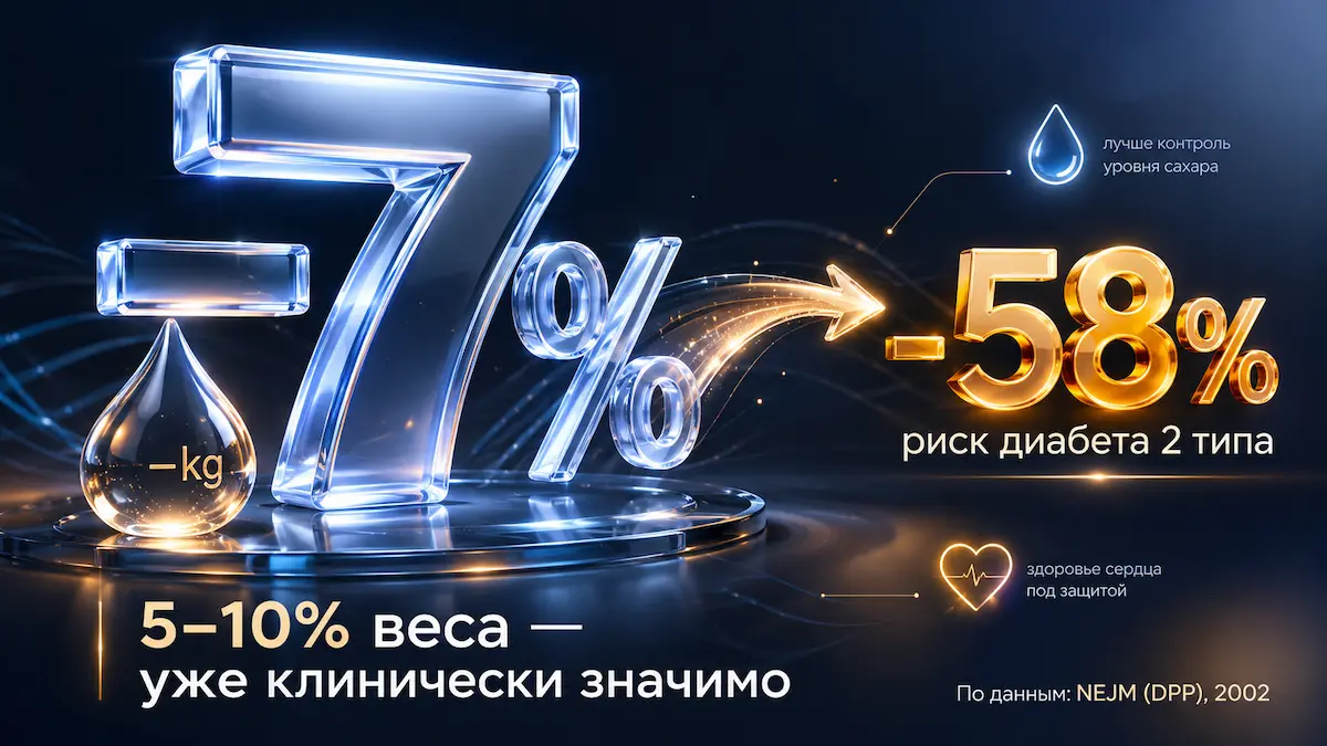 инфографика: снижение веса на 5–10% и эффект для здоровья, данные исследований