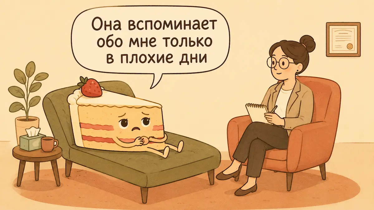 Торт на приёме у психотерапевта шуточная иллюстрация: торт на кушетке психотерапевта жалуется на хозяйку