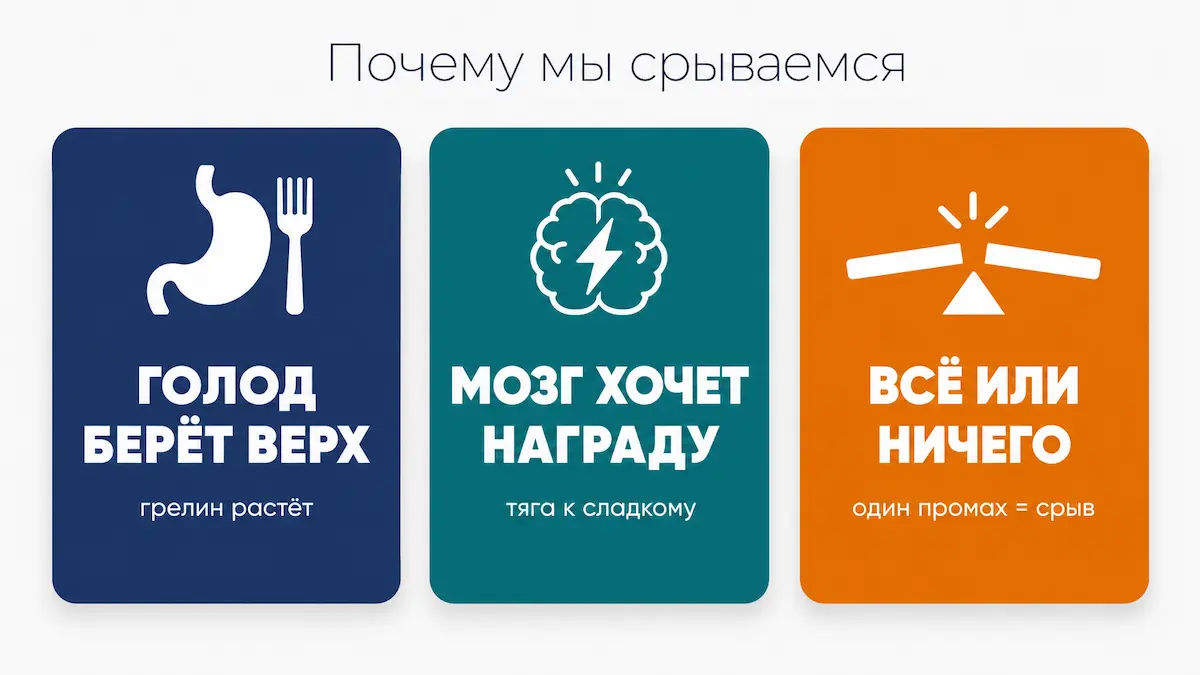 Три ловушки, которые приводят к срыву три причины срывов с диеты: грелин, тяга к награде, всё или ничего