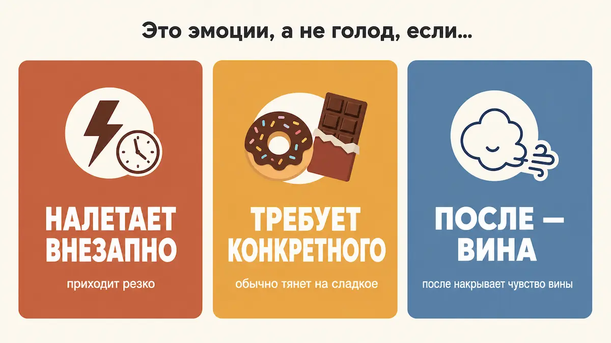 Три признака эмоционального переедания: внезапность, тяга к сладкому, чувство вины