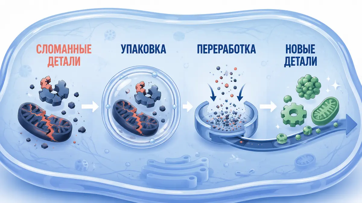 Аутофагия — клеточная переработка аутофагия простыми словами: клетка перерабатывает повреждённые части