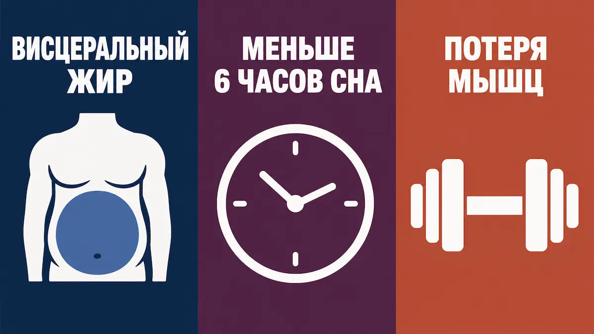 Три главных ускорителя старения Три главных ускорителя старения: висцеральный жир, недосып, потеря мышц