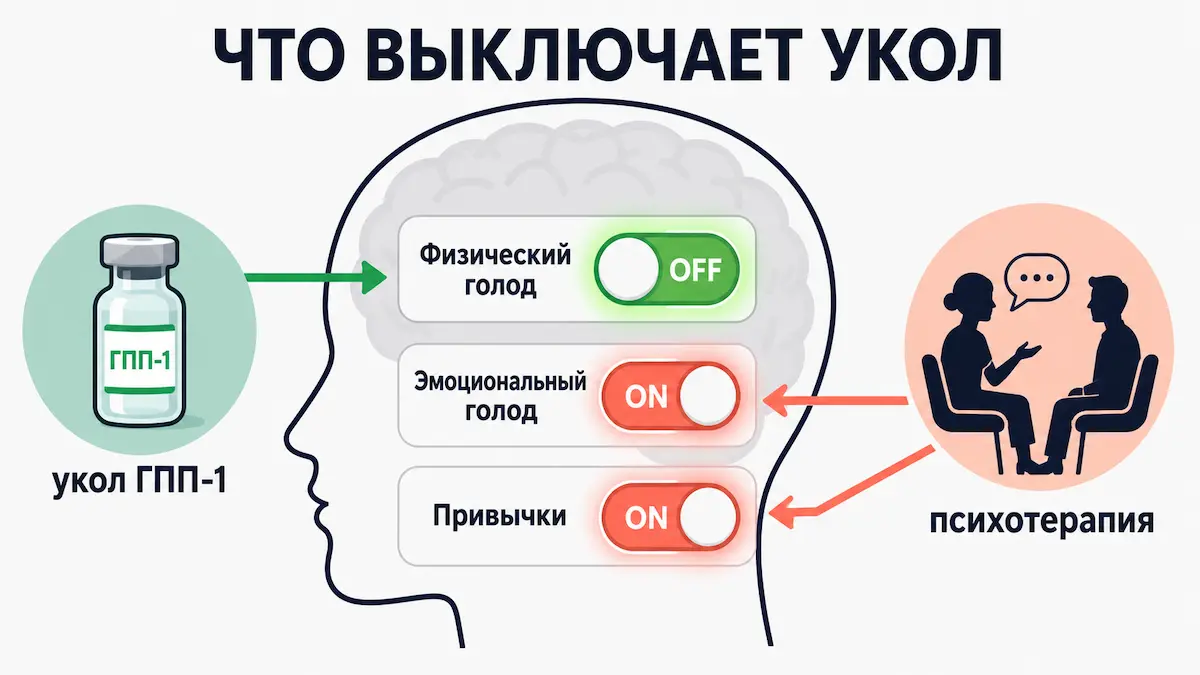 Схема: препараты ГПП-1 выключают физический голод, но эмоциональный голод и привычки остаются