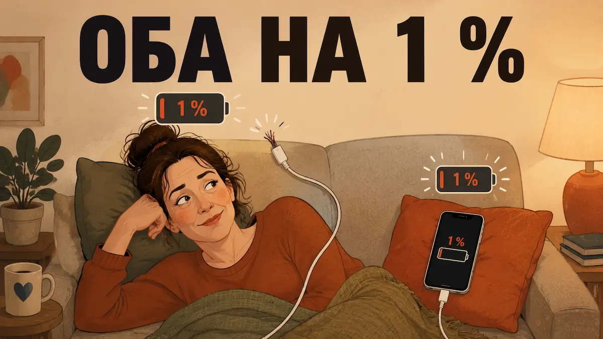 Оба на одном проценте уставшая женщина и её телефон оба разряжены на один процент, хроническая усталость
