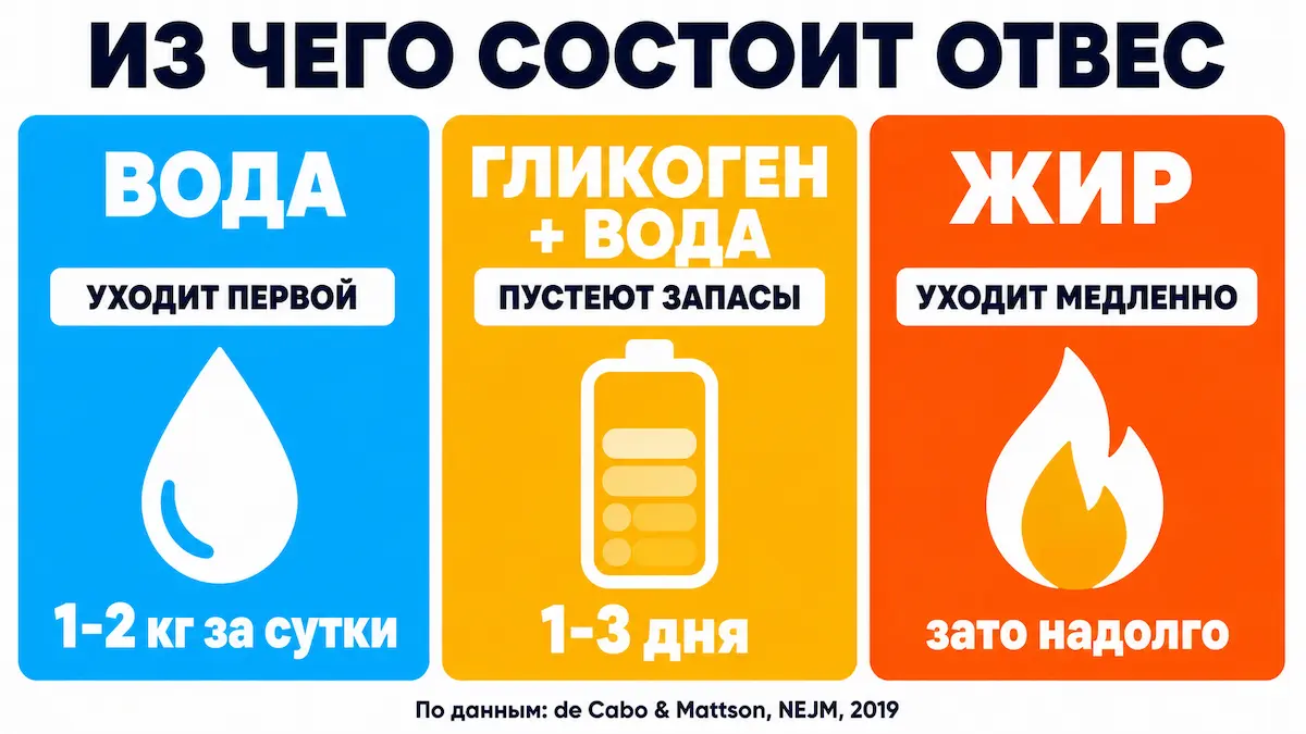 Из чего складывается отвес при голодании что уходит первым при голодании: вода, гликоген, жир