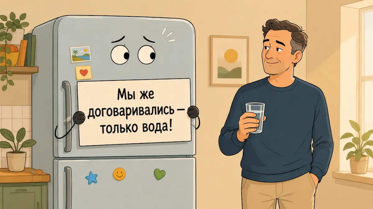 Когда голодаешь на воде Смешная иллюстрация про голодание на воде: холодильник и стакан воды