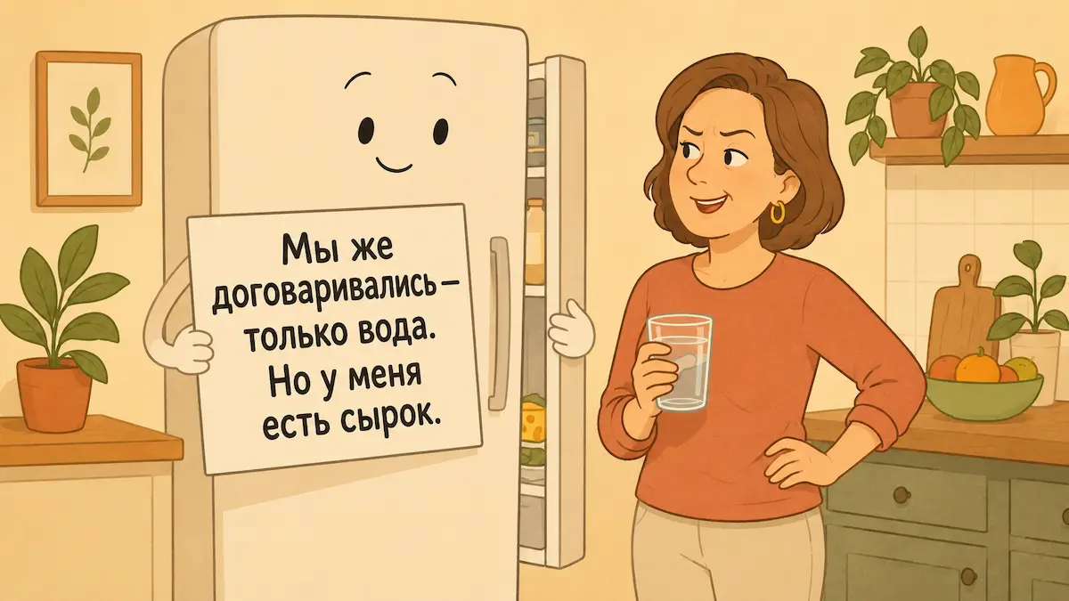 Переговоры с холодильником Юмористическая иллюстрация: холодильник ведёт переговоры с голодающей женщиной