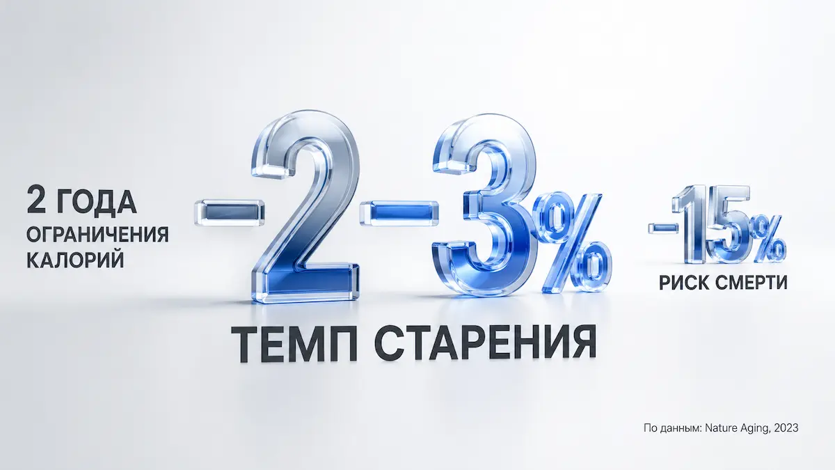 Что дало ограничение калорий в исследовании CALERIE Биологический возраст: эффект ограничения калорий — замедление темпа старения на 2–3% в исследовании CALERIE