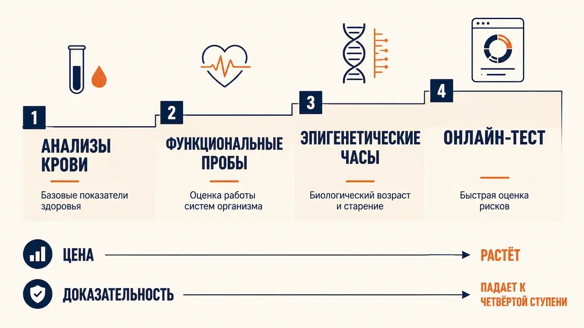 Четыре уровня оценки возраста организма Схема оценки возраста организма: анализы, функциональные пробы, эпигенетические часы, онлайн-калькуляторы