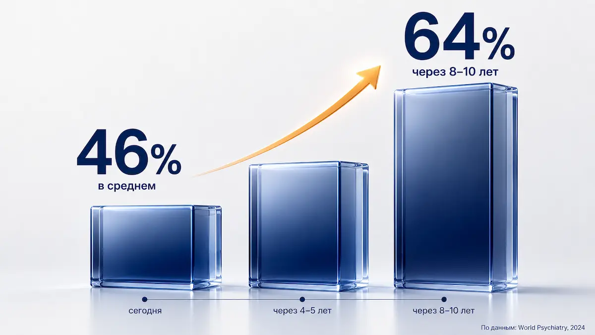 Лечится ли РПП: инфографика роста доли выздоровевших со временем — с 42% до 64% по данным мета-анализа