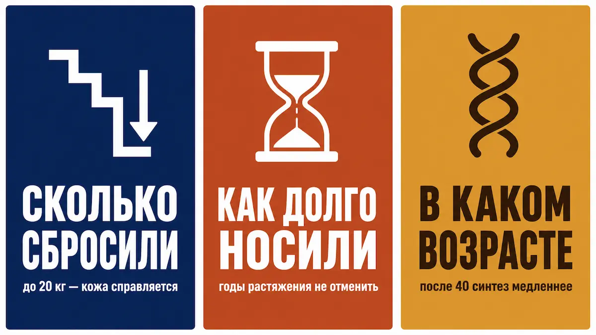 Три фактора, определяющие прогноз для кожи Обвисшая кожа после похудения: три главных фактора риска — объём, стаж, возраст