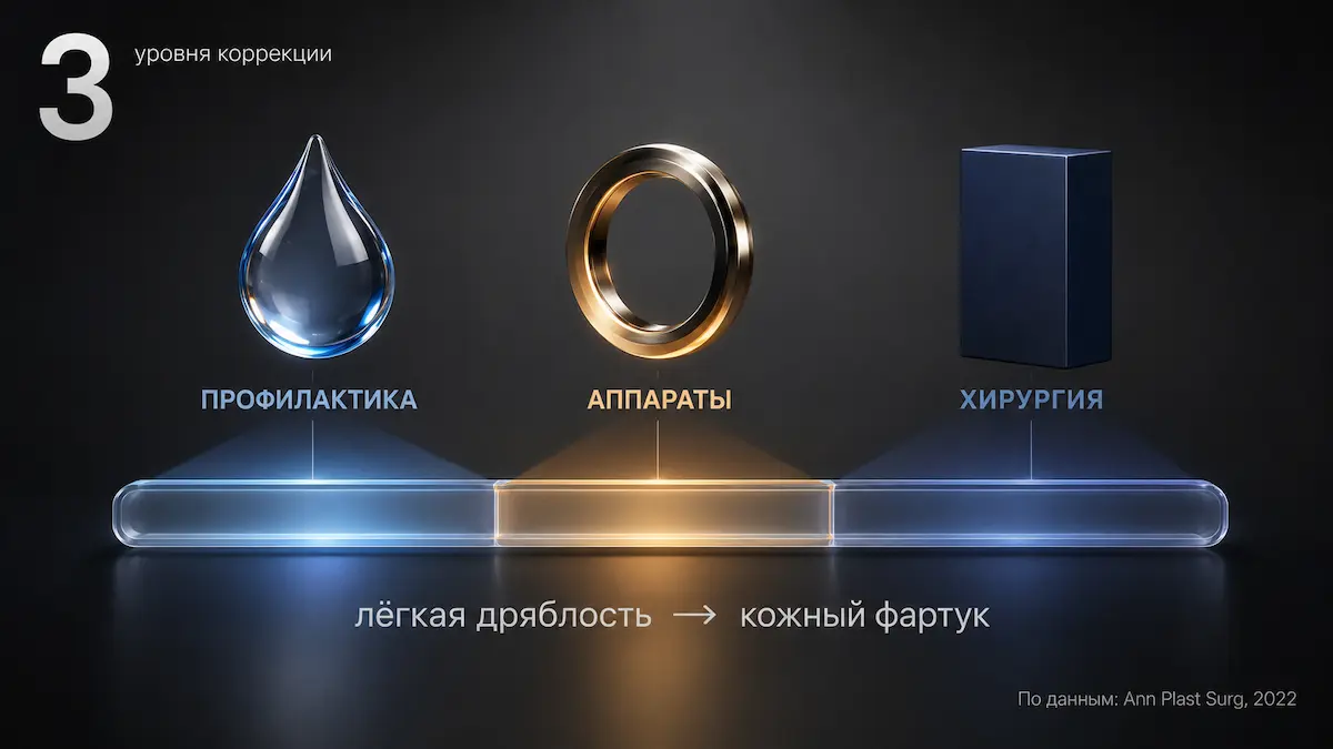 Три уровня работы с избытком кожи Три уровня коррекции избытка кожи: профилактика, аппаратные методы, хирургия
