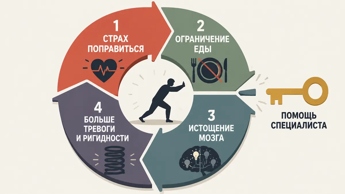 Порочный круг анорексии: страх набрать вес, ограничение еды, истощение мозга и рост тревоги