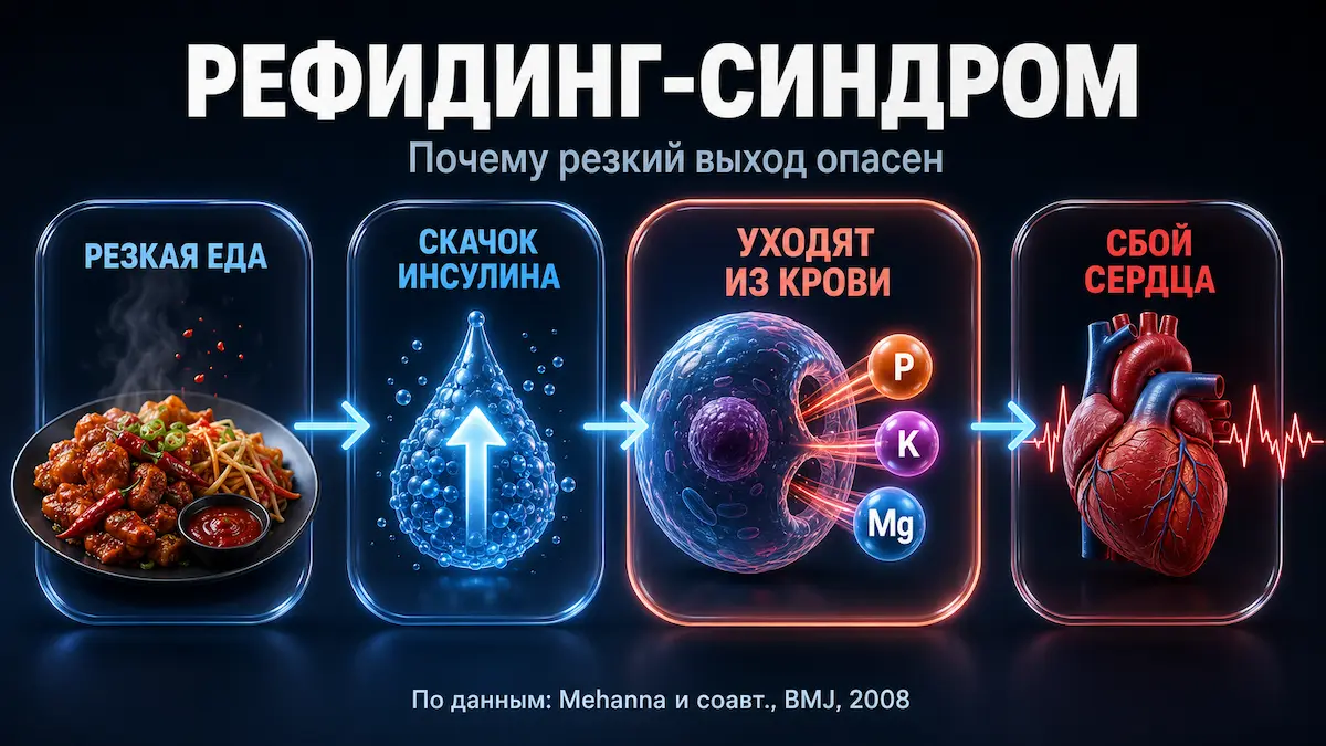 Рефидинг-синдром: что происходит в теле при резком выходе из голодания рефидинг-синдром: механизм опасности при выходе из голодания, инфографика