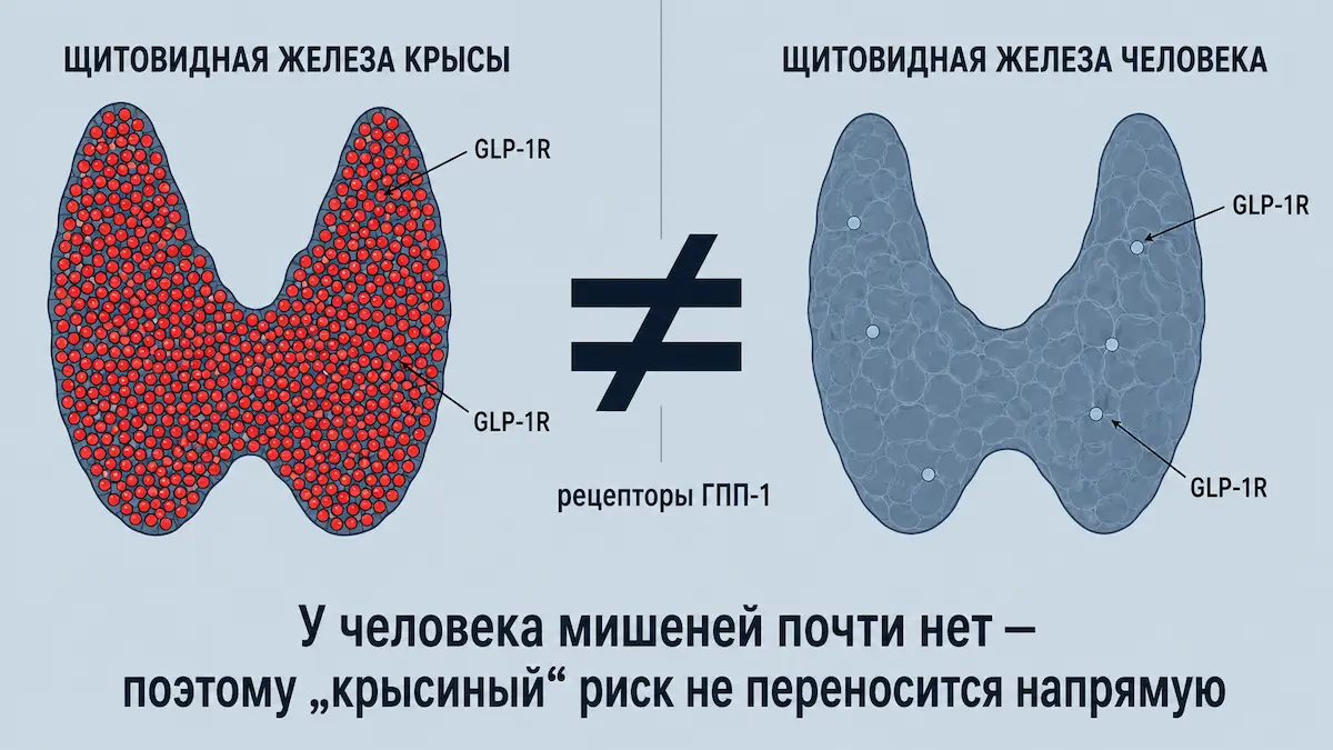 Крыса — не человек: разница в рецепторах щитовидной железы Схема: рецепторы ГПП-1 в щитовидной железе грызуна и человека — почему риск для людей ниже