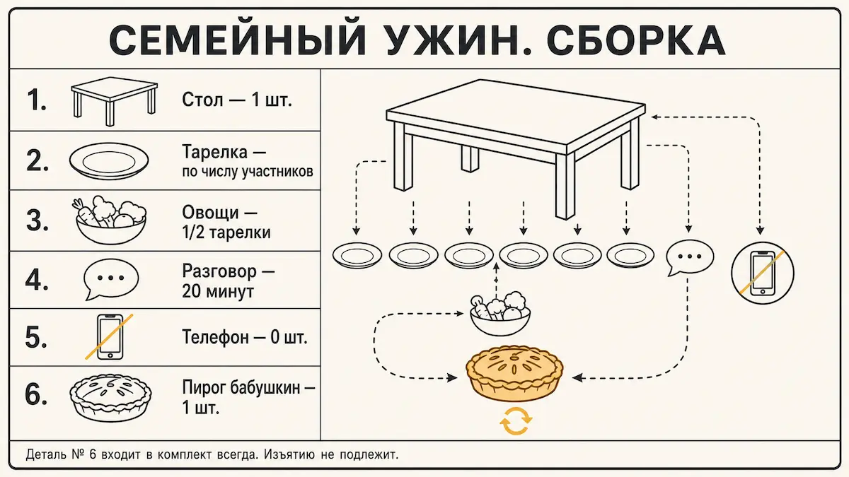 Юмористическая схема сборки семейного ужина в стиле инструкции