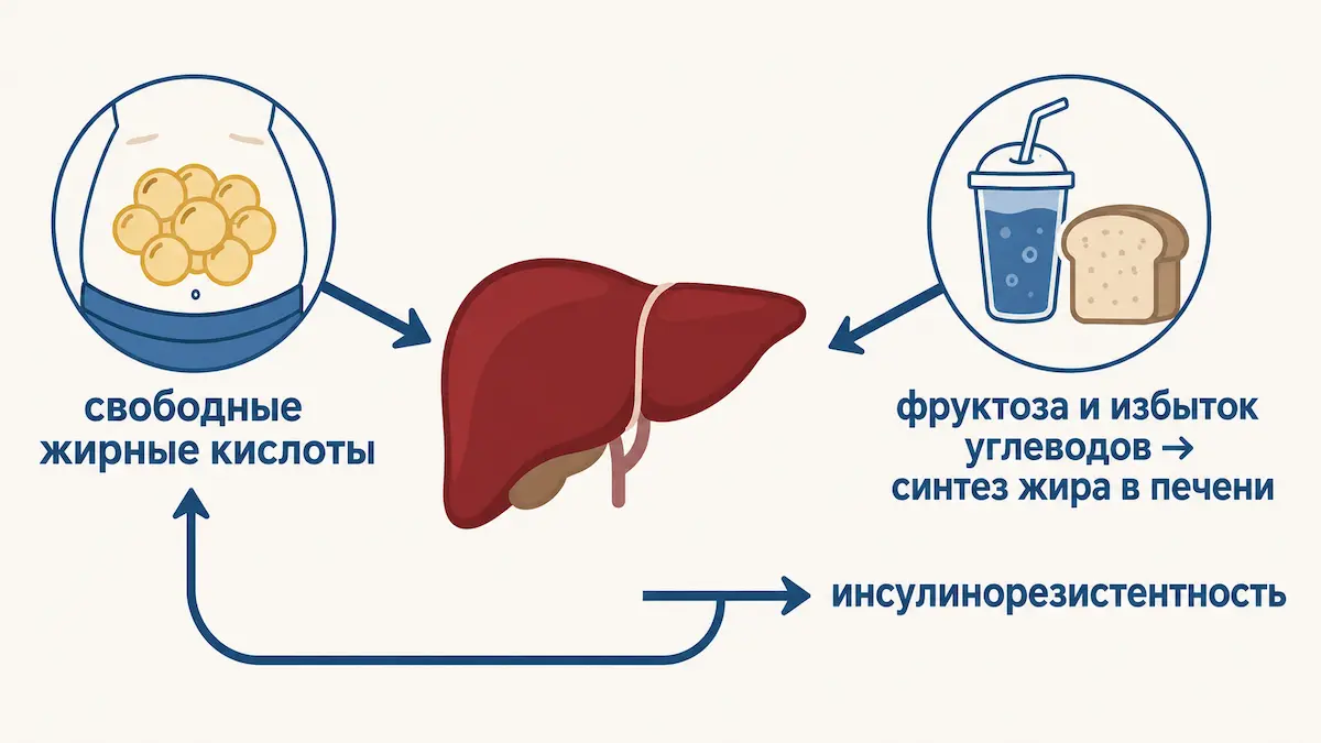 Механизм накопления жира в печени Схема: как избыток углеводов и висцеральный жир приводят к накоплению жира в печени
