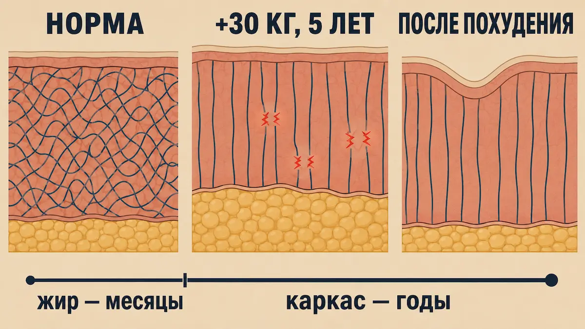 Что происходит с коллагеном и эластином при похудении Схема: как растягивается и сокращается дерма при наборе и снижении веса