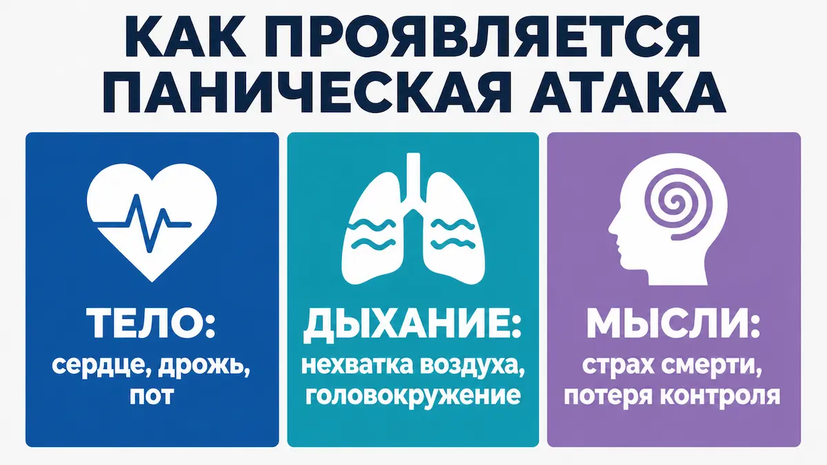 Три группы симптомов панической атаки Симптомы панической атаки: тело, дыхание и мысли — что делать