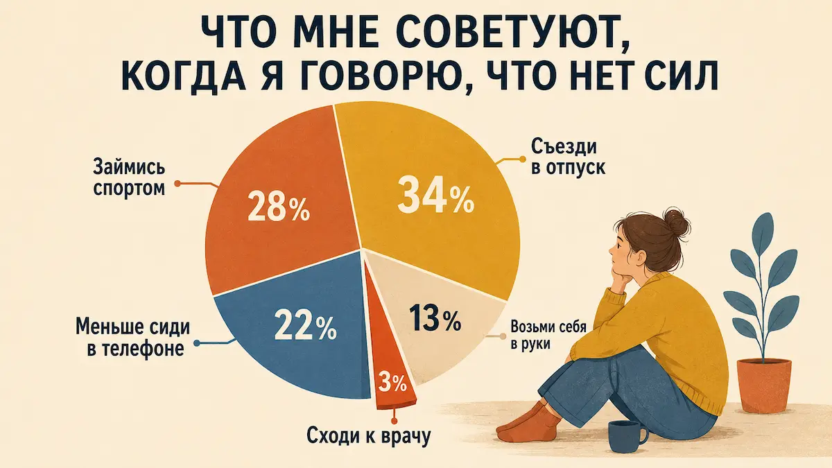 Что советуют, когда говоришь, что нет сил Юмористическая диаграмма советов, которые человек слышит в ответ на жалобу об упадке сил