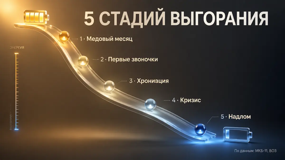 Пять стадий на одной кривой пять стадий: кривая спада энергии от энтузиазма до полного истощения сил