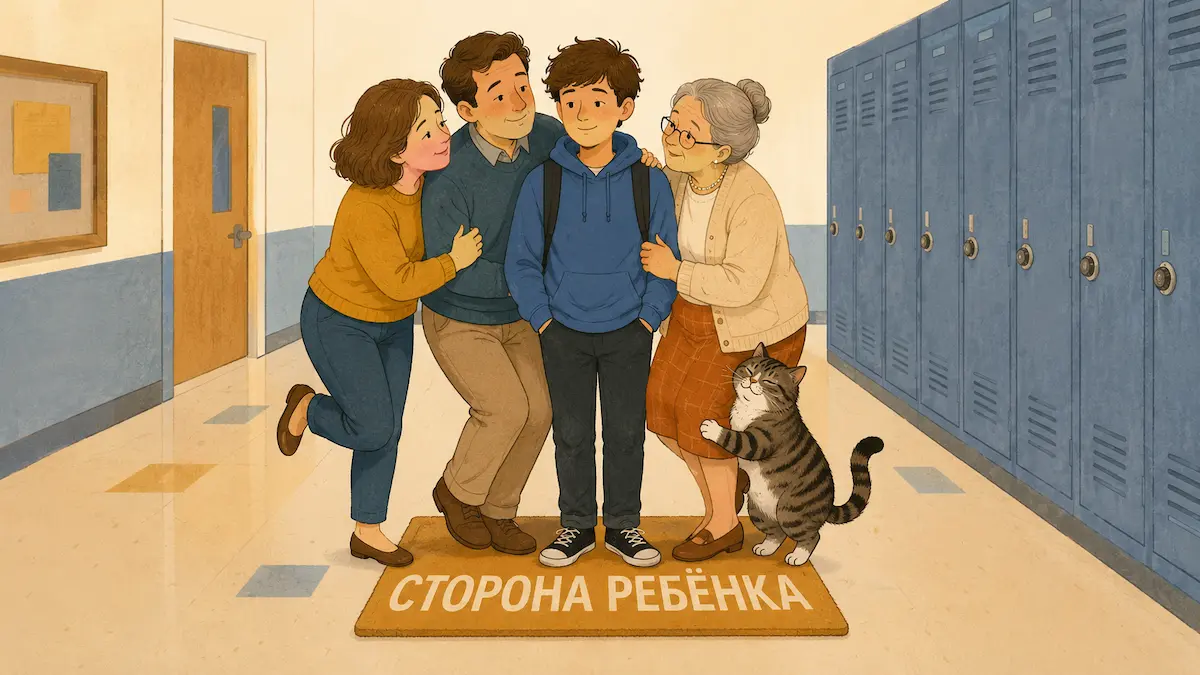 Иллюстрация: вся семья пытается уместиться на маленьком коврике с надписью «сторона ребёнка»
