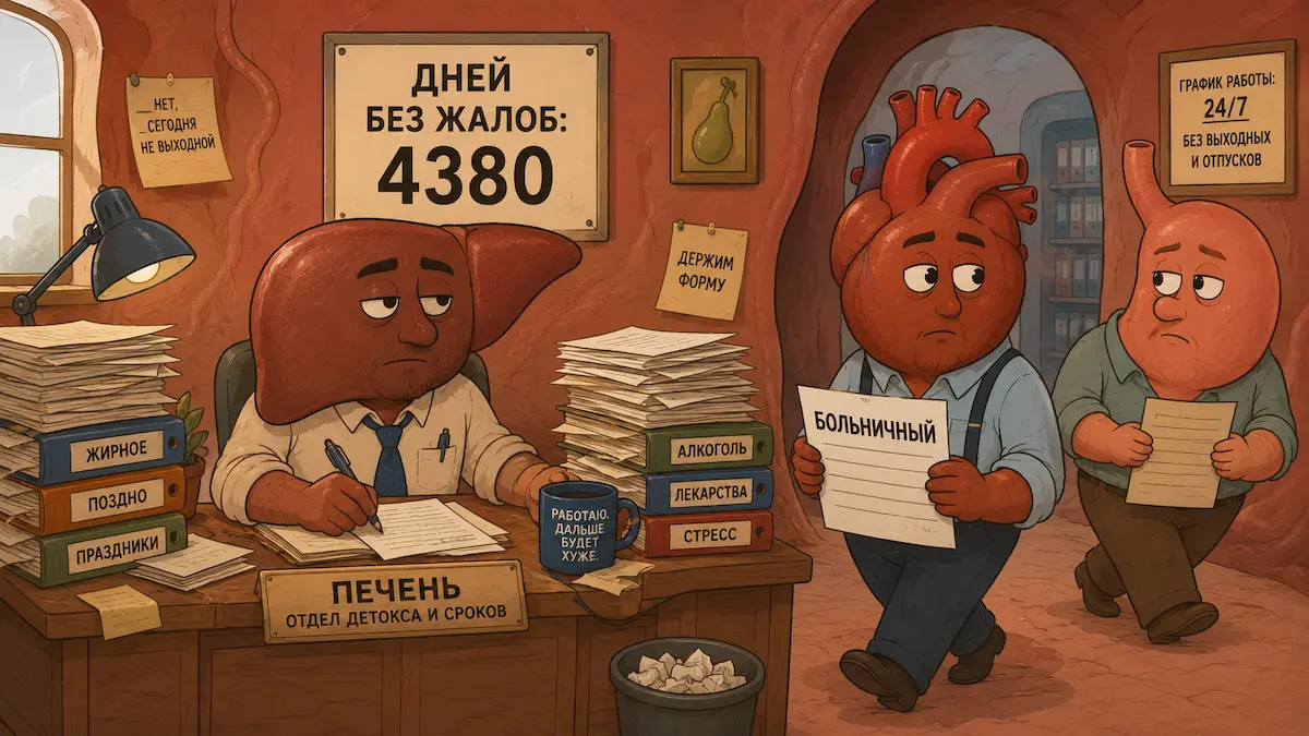 Печень — самый молчаливый сотрудник организма Иллюстрация: печень как сотрудник, который годами не жалуется на переработки